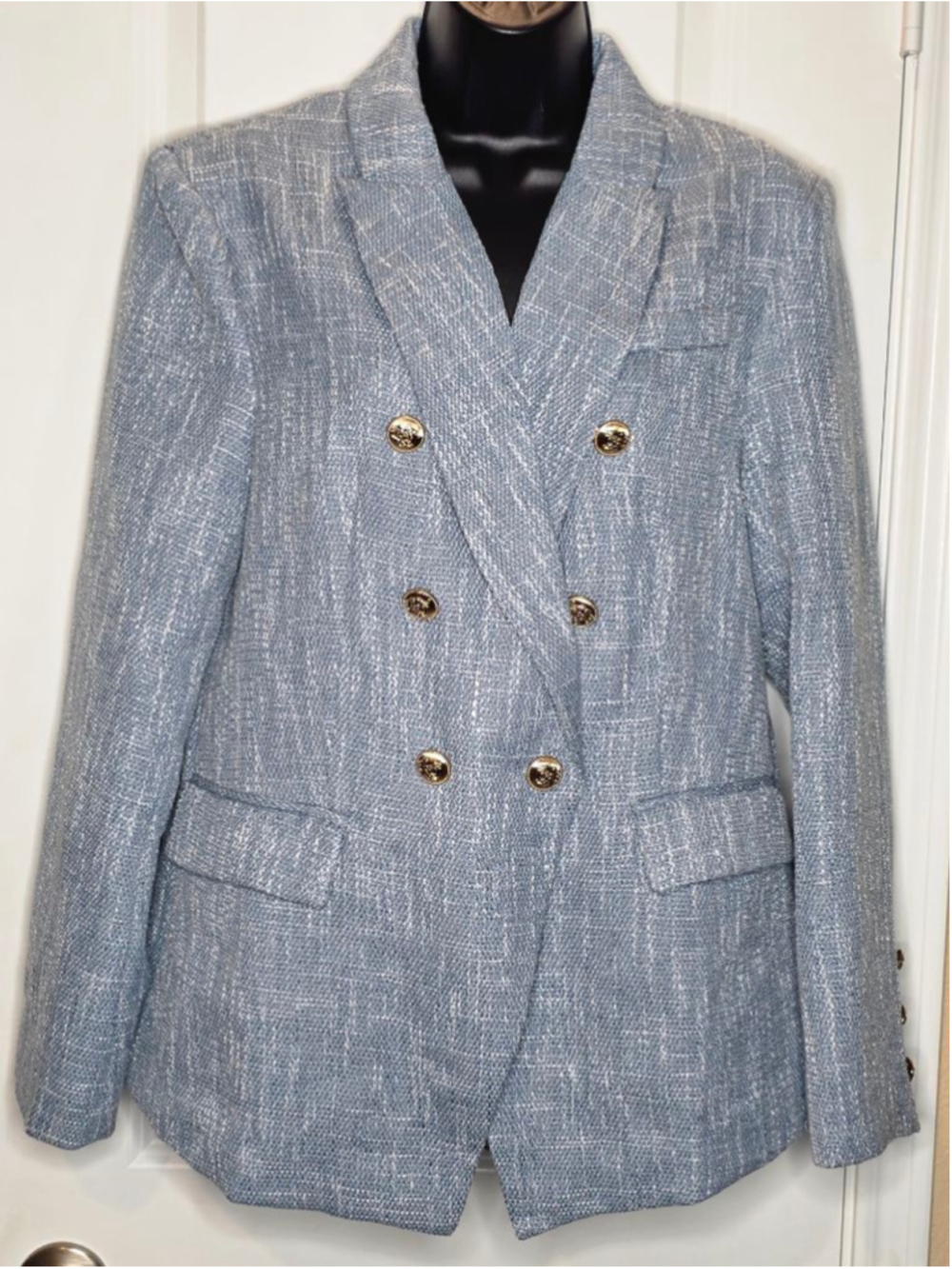 Women's Unbranded Blue White Tweed Double-Breasted Blazer L - Picture 2 of 4